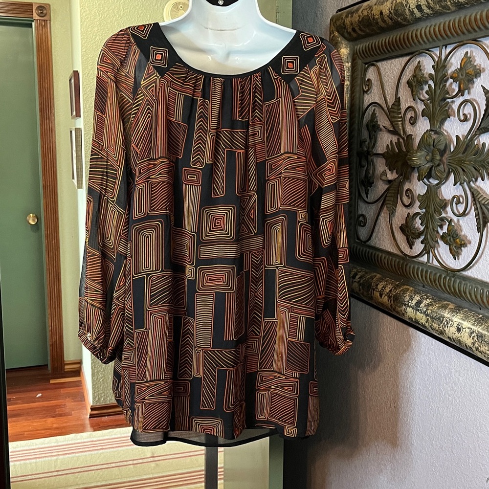 VTG Bob Mackie Black & Orange Geometric Print Blouse Sz L- wearable art - Picture 6 of 13